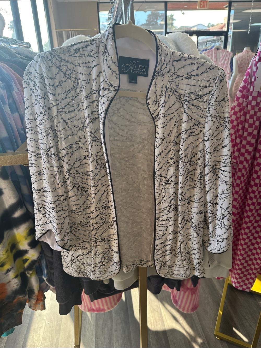 Alex Evenings White Jacket with Black Abstract Print and Trim